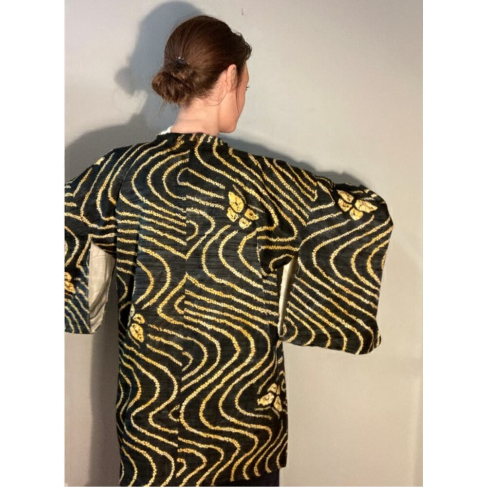 Kimono Haori Jacket Beautiful Green & Gold Butterfly Shibori Dyed ~ Breathtaking - Picture 3 of 9